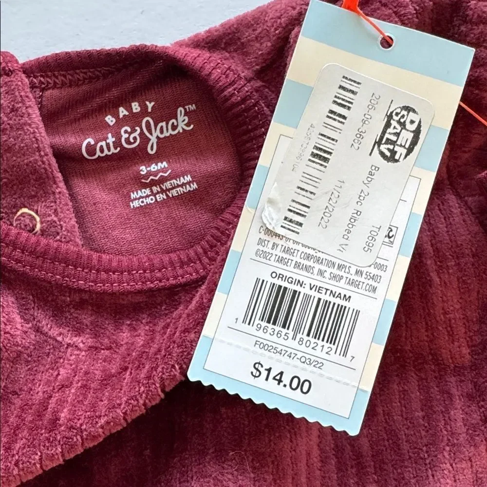 Cat & Jack Kids Burgundy Ribbed Velvet Pajama Set Size 3-6 Months